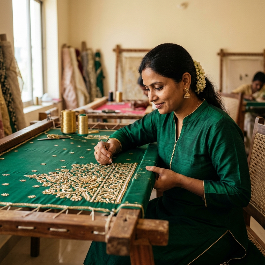 Quality inspection of gold zardosi embroidery at Zardosi Atelier
