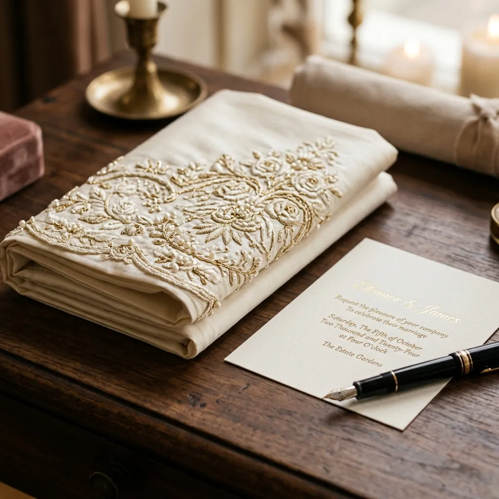 Fountain pen, wax seal and gold-embroidered silk swatch - luxury atelier still-life